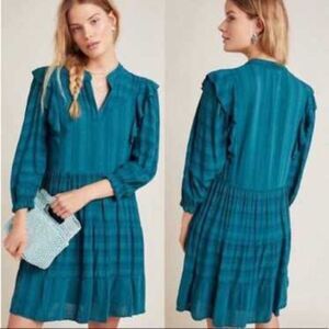 Amadi Anthropologie Teal Blue V-Neck Long Sleeve Rossi Ruffle Tunic‎ Dress Sz LP